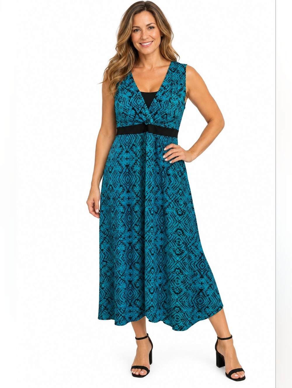 Catherines Teal Patterned Sleeveless Maxi Dress with Black Waist